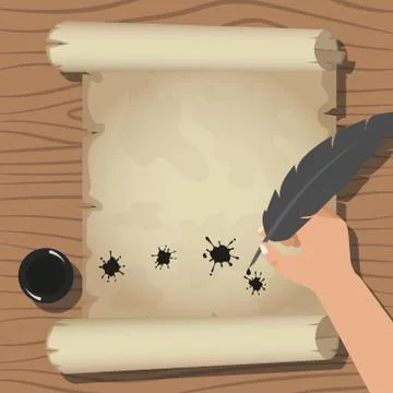 Old scroll and feather. Hand hold. Vector illustration. Stock Illustration