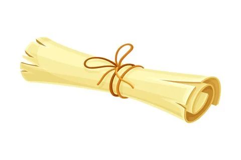 Old Scroll or Roll of Papyrus, Parchment or Paper Tied with Red Rope Vector Stock Illustration