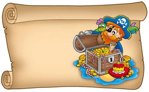 Old scroll with pirate and treasure Stock Illustration