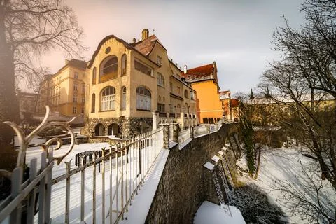 Old secesion ville in the old town of Olomouc on the city walls in winter, Czech Stock Photos