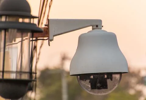 The old Security CCTV camera out side building Stock Photos