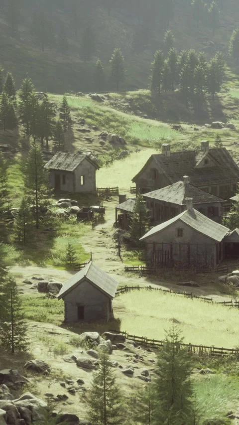 Old settlement in a rural area surrounded by trees and rocks Video stock 334885307
