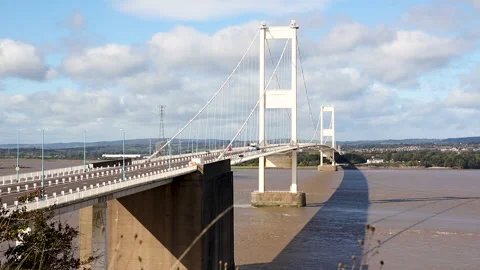 The old Severn Bridge viewed from the Aust side, England, United Kingdom Stock Footage 160775136