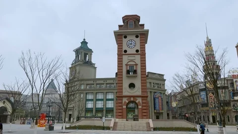 The old Shanghai Bell Tower scene of Hengdian film and television base 스톡 동영상 123763202