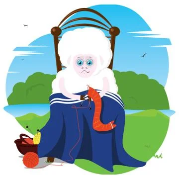 Old sheep knitting a sock Stock Illustration
