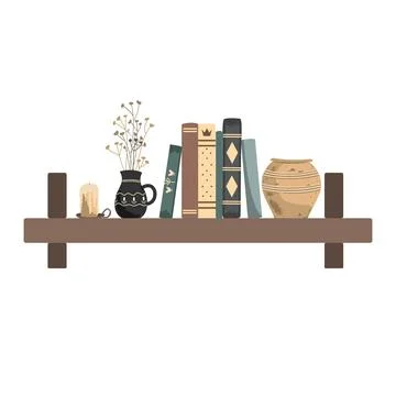 Old shelf with stack of vintage books, jug with dried herbs, candle, and clay Stock Illustration