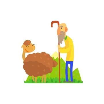 Old shepherd herding sheep on green pasture Stock Illustration