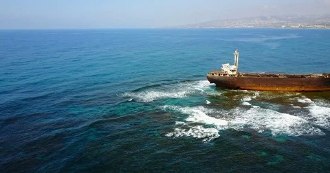 Old ship after the accident. Mediterranean Sea. seascape with birds Stock Footage 74470465