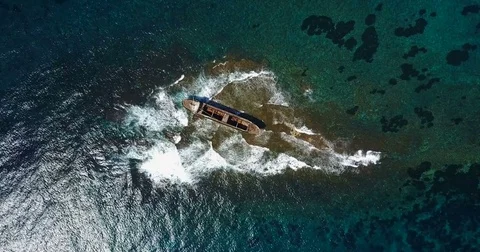 Old ship after the accident. Mediterranean Sea. seascape with birds Stock Footage 74475665