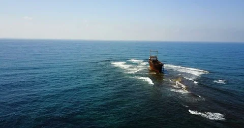 Old ship after the accident. Mediterranean Sea. seascape with birds Stock Footage 74997232
