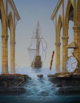 Old ship and waterfall. Stock Illustration