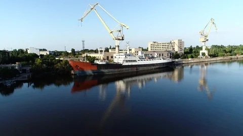 The old ship is docked for repairs, drone video Stock Footage 103427553