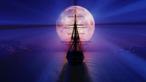 Old ship in the night full moon illustration Stock Illustration