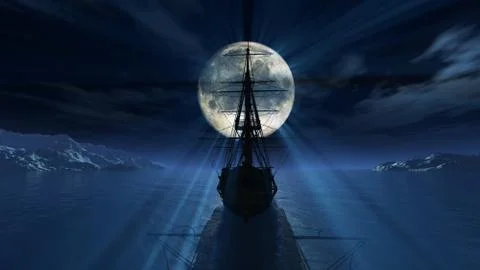 Old ship in the night full moon illustration Illustrazione stock