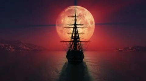 Old ship in the night full moon illustration Stock Illustration