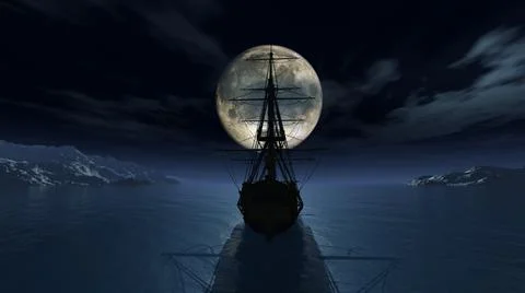 Old ship in the night full moon illustration Ilustração Stock
