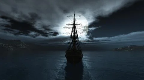 Old ship in the night full moon illustration Stock Illustration