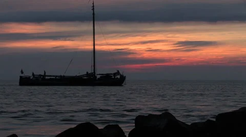 Old ship passing after sunset, silhouette Stock Footage 26097667