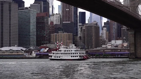 Old ship passing on river, NYC skyline and Brooklyn bridge.  Stock Footage 119043169