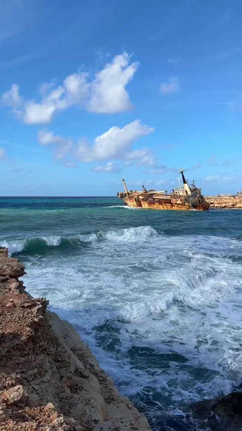 The old ship ran aground, shipwreck off the coast, abandoned ship, off the coast Stock Footage 301507632