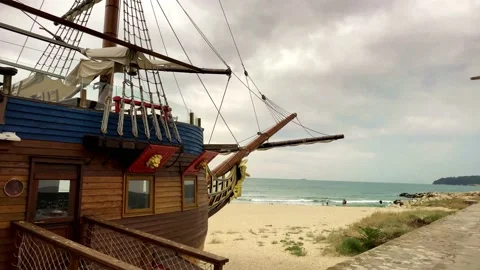 Old Ship Restaurant. Large Decorative Wooden Ship, Wooden Ship Restaurant. Stock Footage 149339540