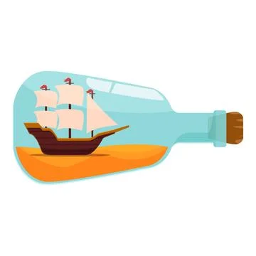 Old ship sailing inside a glass bottle over sand Ilustração Stock