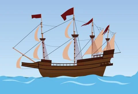 Old ship sailing vector illustration on the sea Stock Illustration