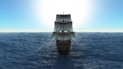 Old ship in sea, 3d render Stock Illustration
