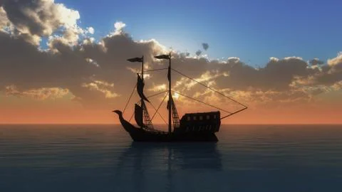 Old ship in sea sunset Stock Illustration