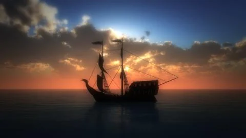 Old ship in sea sunset Stock Illustration