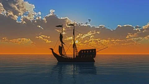 Old ship in sea sunset Stock Illustration
