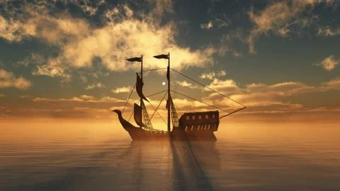 Old ship in sea sunset Stock Illustration