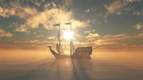 Old ship in sea sunset Stock Illustration