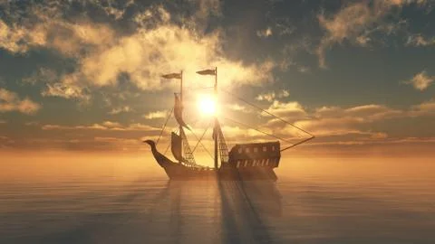 Old ship in sea sunset Stock Illustration
