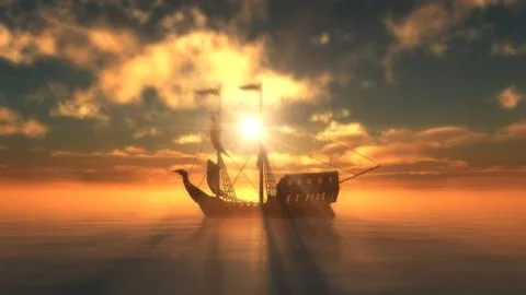 Old ship in sea sunset Stock Illustration