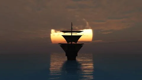 Old ship in sea sunset Stock Illustration