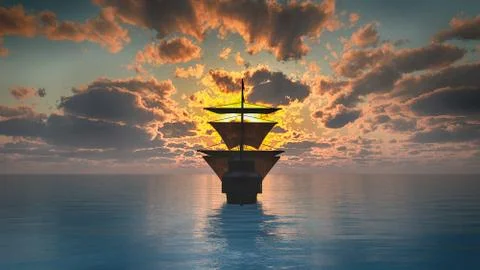 Old ship in sea sunset Stock Illustration