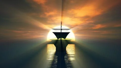 Old ship in sea sunset Stock Illustration