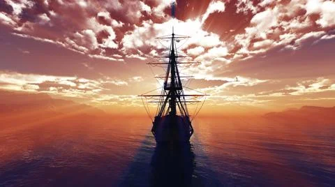 Old ship sunset at sea 3d rendering Stock Illustration