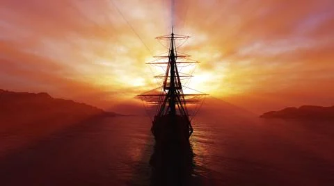 Old ship sunset at sea 3d rendering Stock Illustration