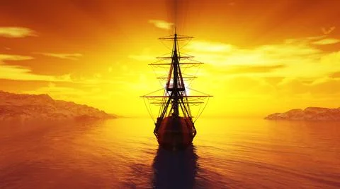 Old ship sunset at sea 3d rendering Stock Illustration