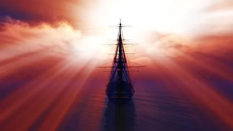 Old ship sunset at sea 3d rendering Stock Illustration