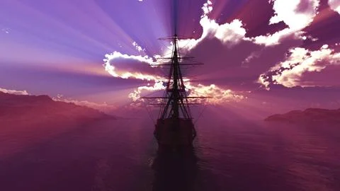 Old ship sunset at sea 3d rendering Stock Illustration