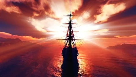 Old ship sunset at sea 3d rendering Stock Illustration
