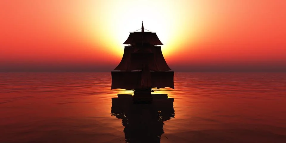 Old ship sunset at sea Stock Illustration