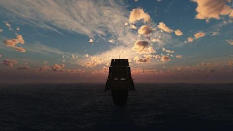 Old ship sunset at sea Stock Illustration