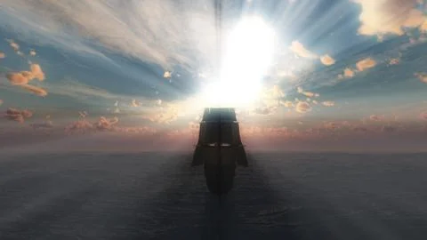 Old ship sunset at sea Stock Illustration