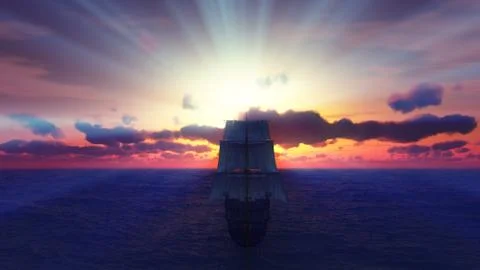 Old ship sunset at sea Stock Illustration