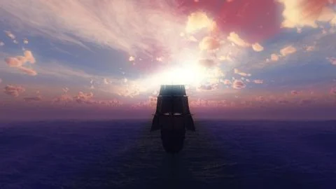 Old ship sunset at sea Stock Illustration