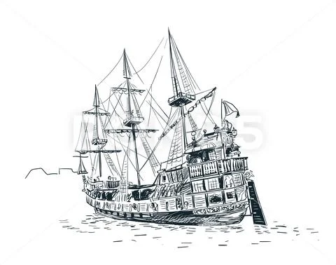 Old ship vector sketch illustration Gdansk monochrome Stock Illustration